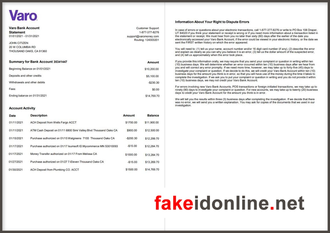 Varo Editable Word Bank Statement